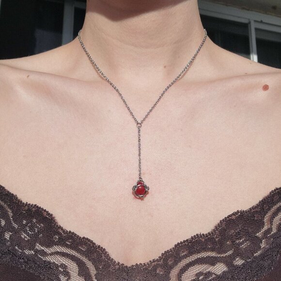 Antique red caged bead and silver rosary necklace ✦ Victorian vampire style ✦ - Picture 1 of 5